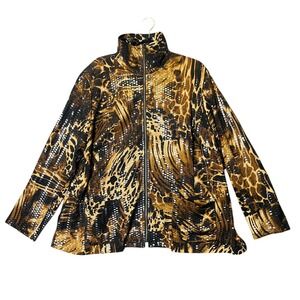 Ruby Rd Animal Print Jacket 22W Brown Black Zip Front Maximalist Shiny Slick Fun
